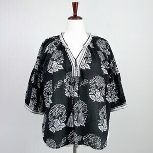Alamwar India XL Black Floral Block Prink Bohemian Tassel Tie Cotton Blouse NWT